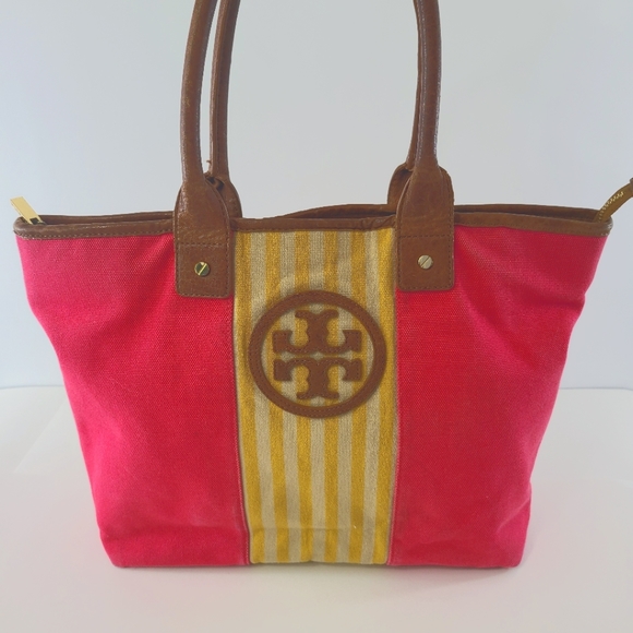 Tory Burch Handbags - PRICE FIRM Tory Burch Leather Canvas Zip Top Tote Shoulder Bag Vertical